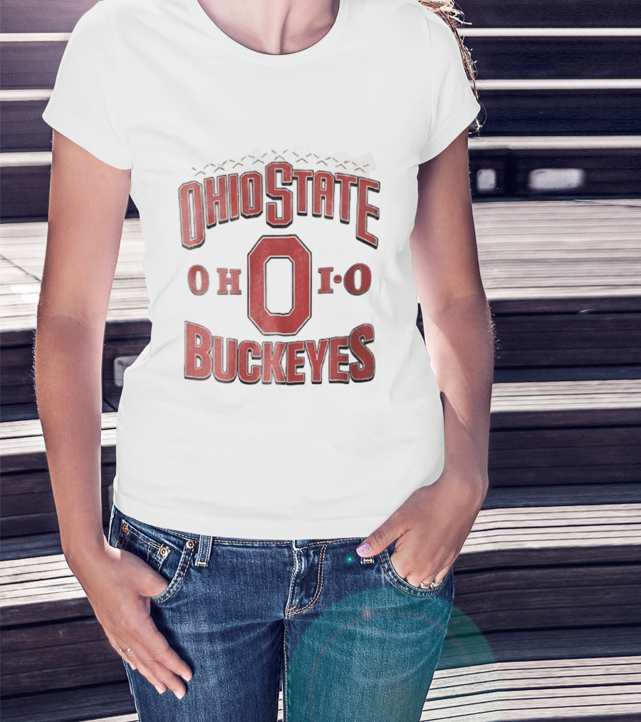 Ohio State Buckeyes NCAA Ohio Block Letter Red Football Laces Arch T-Shirt