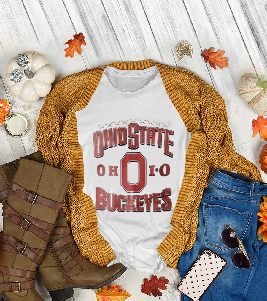 Ohio State Buckeyes NCAA Ohio Block Letter Red Football Laces Arch T-Shirt