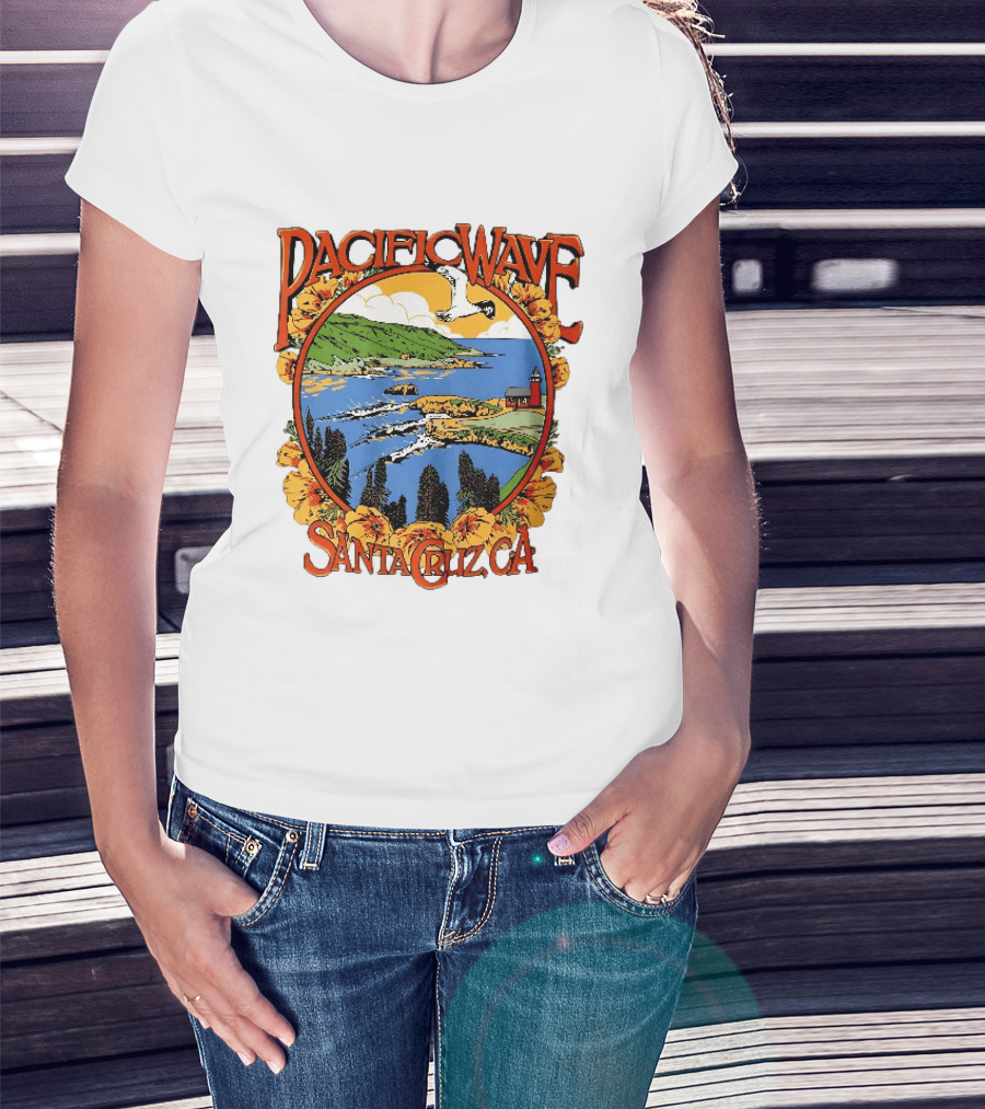 Pacific Wave Santa Cruz CA Coastal Lighthouse Ocean Seagull Flowers Scenic T-Shirt