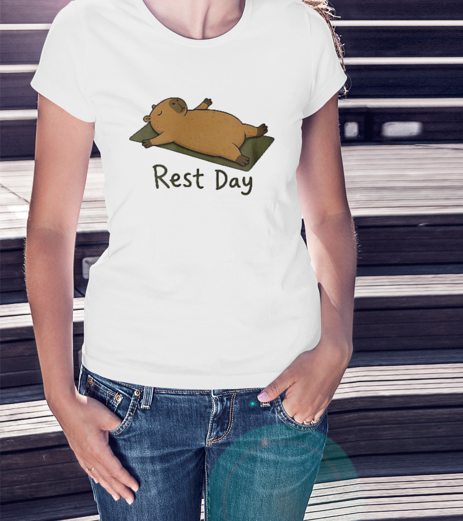 Rest Day Capybara Relaxing On Yoga Mat Cartoon T-Shirt