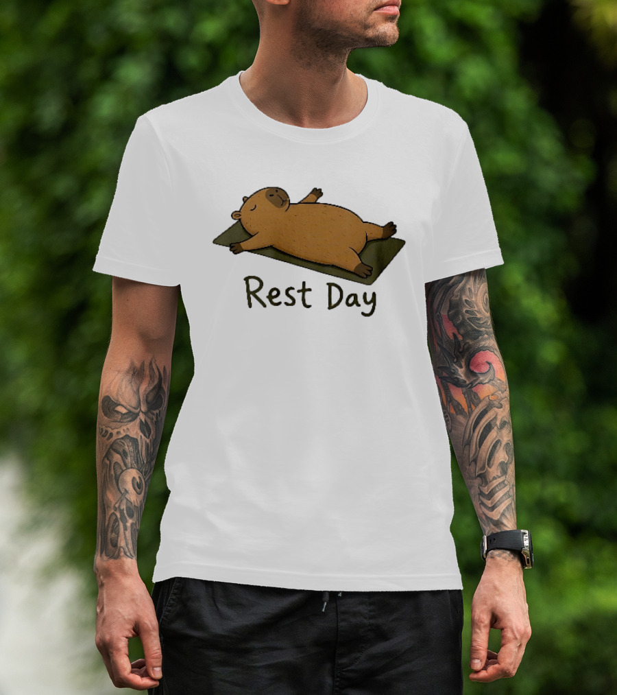 Rest Day Capybara Relaxing On Yoga Mat Cartoon T-Shirt