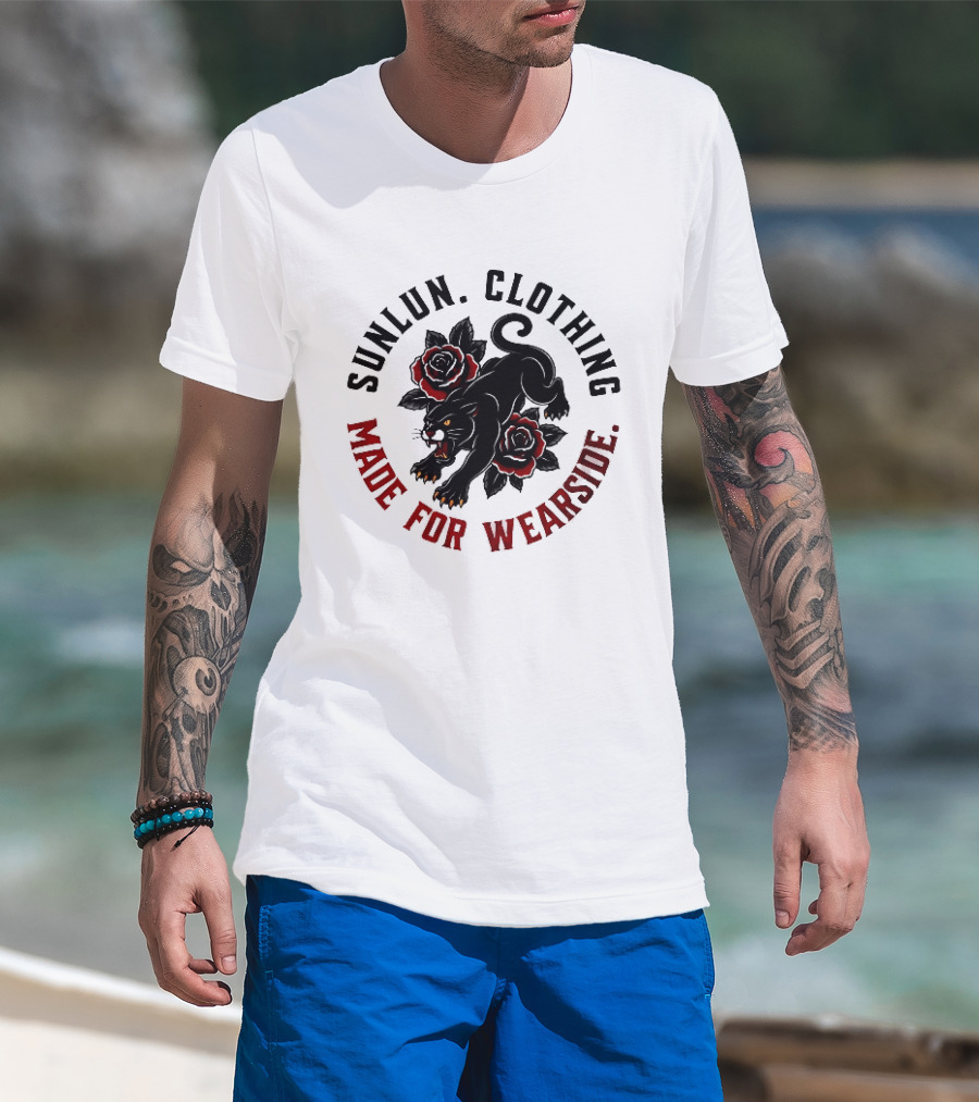Sunlun Clothing Wearside Black Panther Red Roses Traditional Tattoo T-Shirt