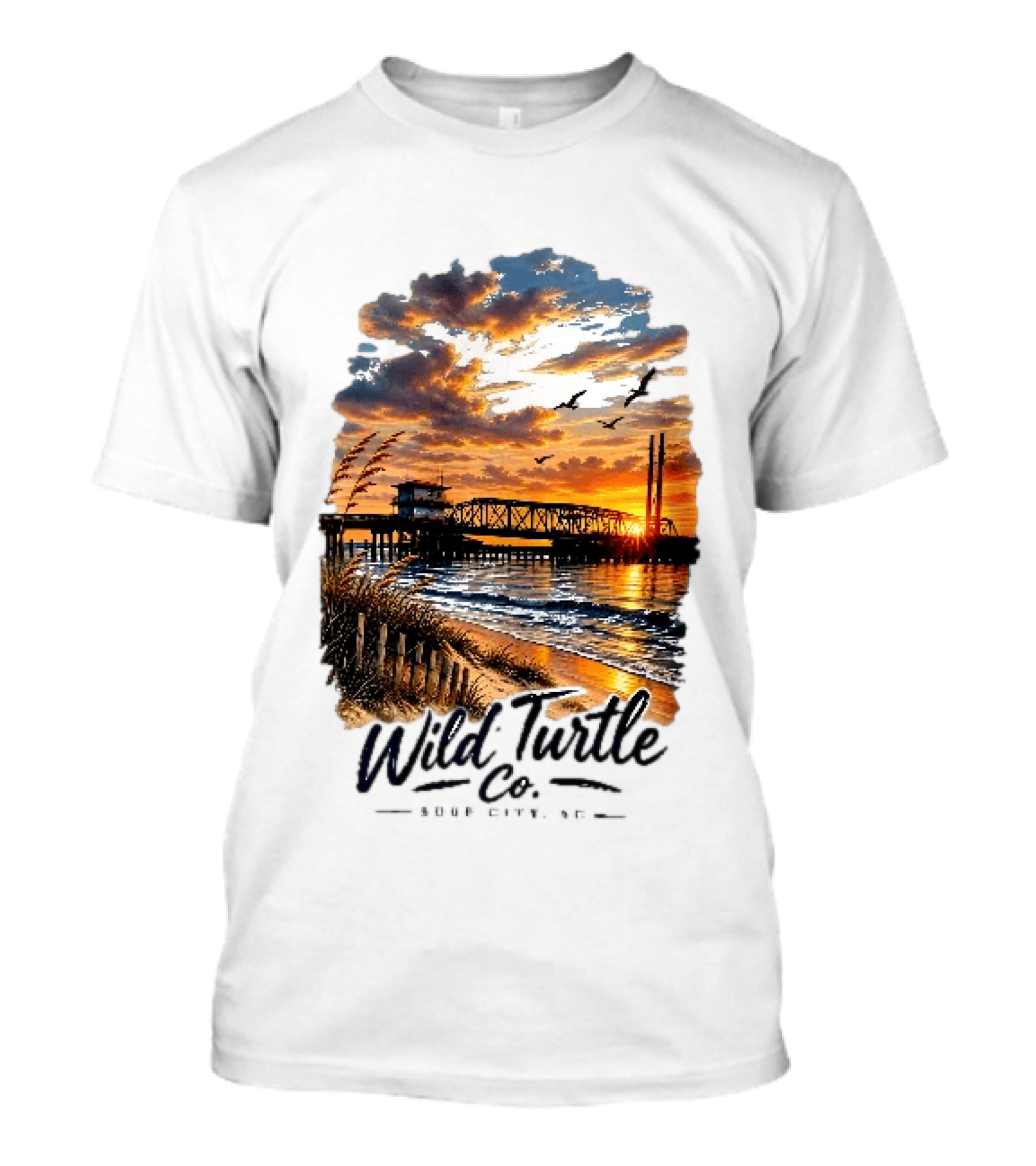 Wild Turtle Co Surf City NC Beach Dunes Pier Sunset Flying Birds T-Shirt