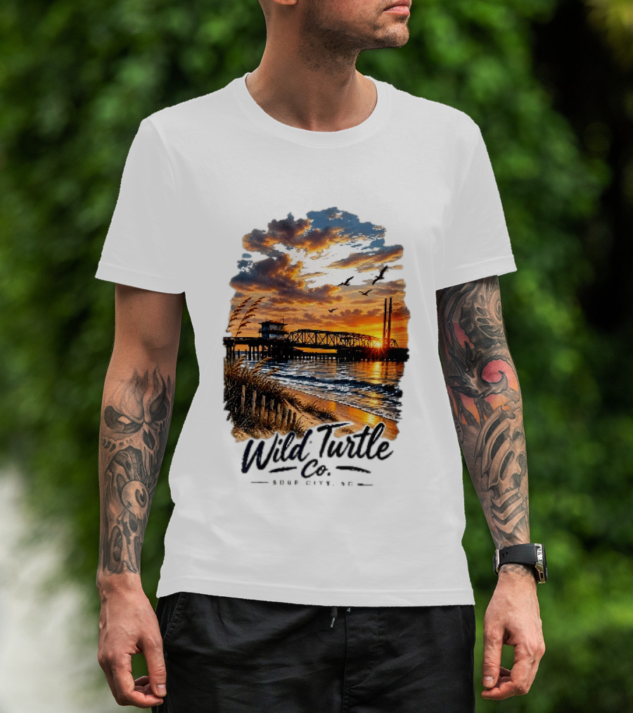 Wild Turtle Co Surf City NC Beach Dunes Pier Sunset Flying Birds T-Shirt