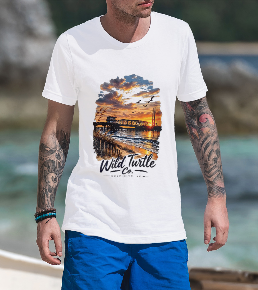 Wild Turtle Co Surf City NC Beach Dunes Pier Sunset Flying Birds T-Shirt