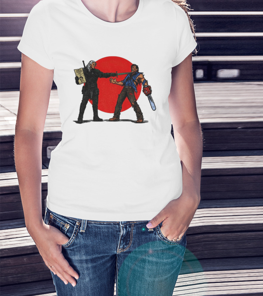 Geralt Vs Ash Evil Dead Or Alive Red Circle Showdown T-Shirt
