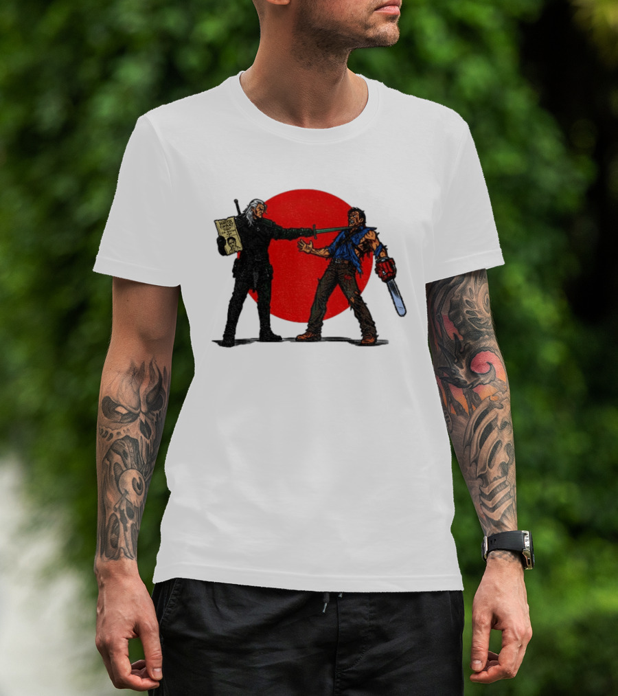 Geralt Vs Ash Evil Dead Or Alive Red Circle Showdown T-Shirt