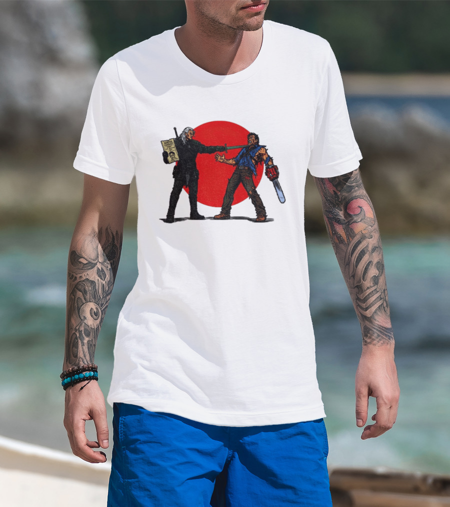 Geralt Vs Ash Evil Dead Or Alive Red Circle Showdown T-Shirt