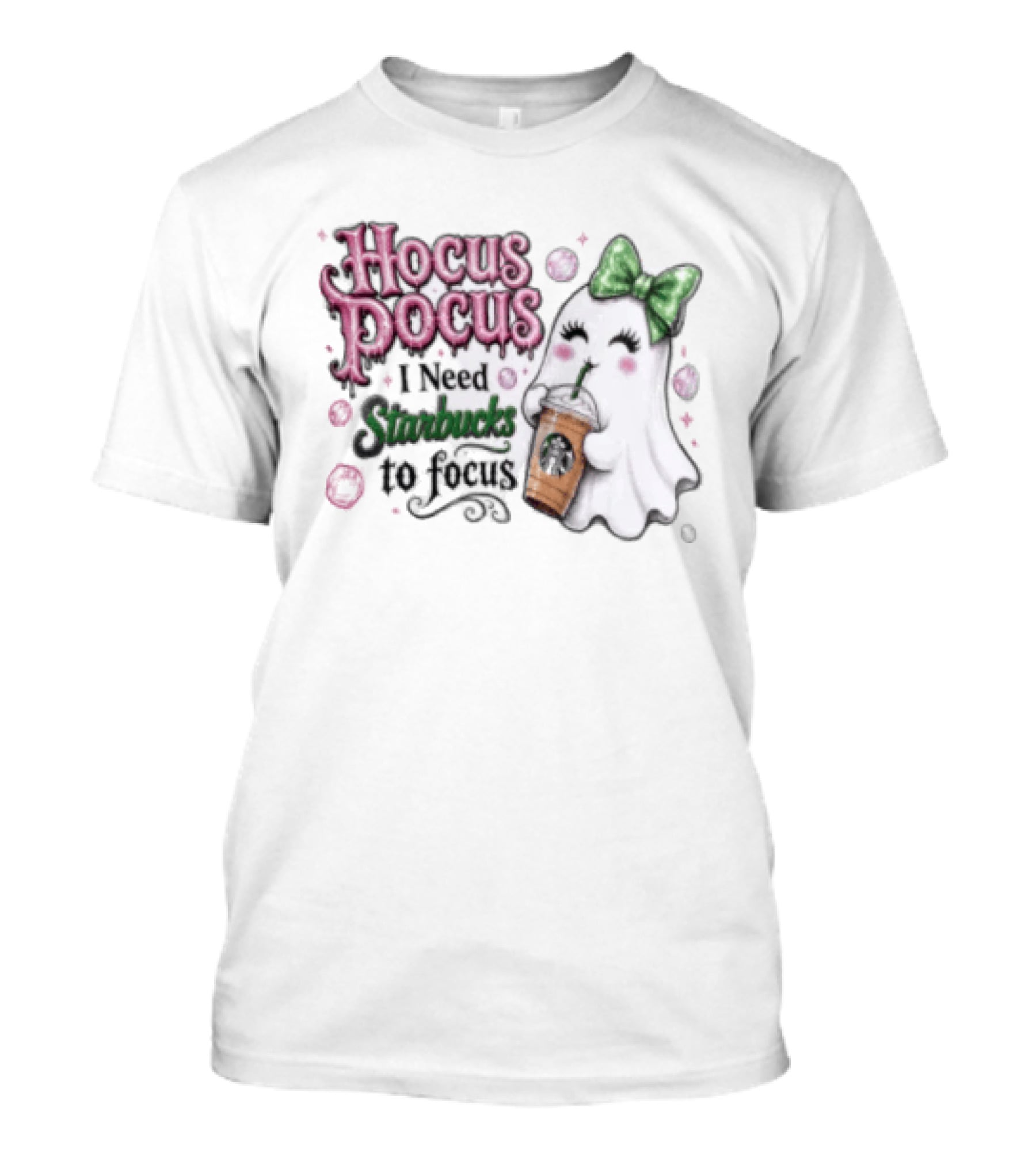 Hocus Pocus I Need Starbucks To Focus Ghost Coffee Lover Fun Halloween T-Shirt