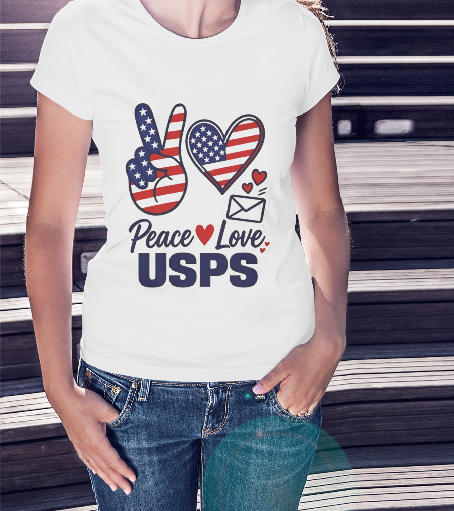 Peace Love USPS American Flag Heart And Mail T-Shirt