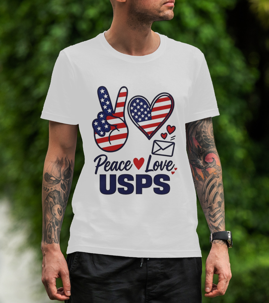 Peace Love USPS American Flag Heart And Mail T-Shirt