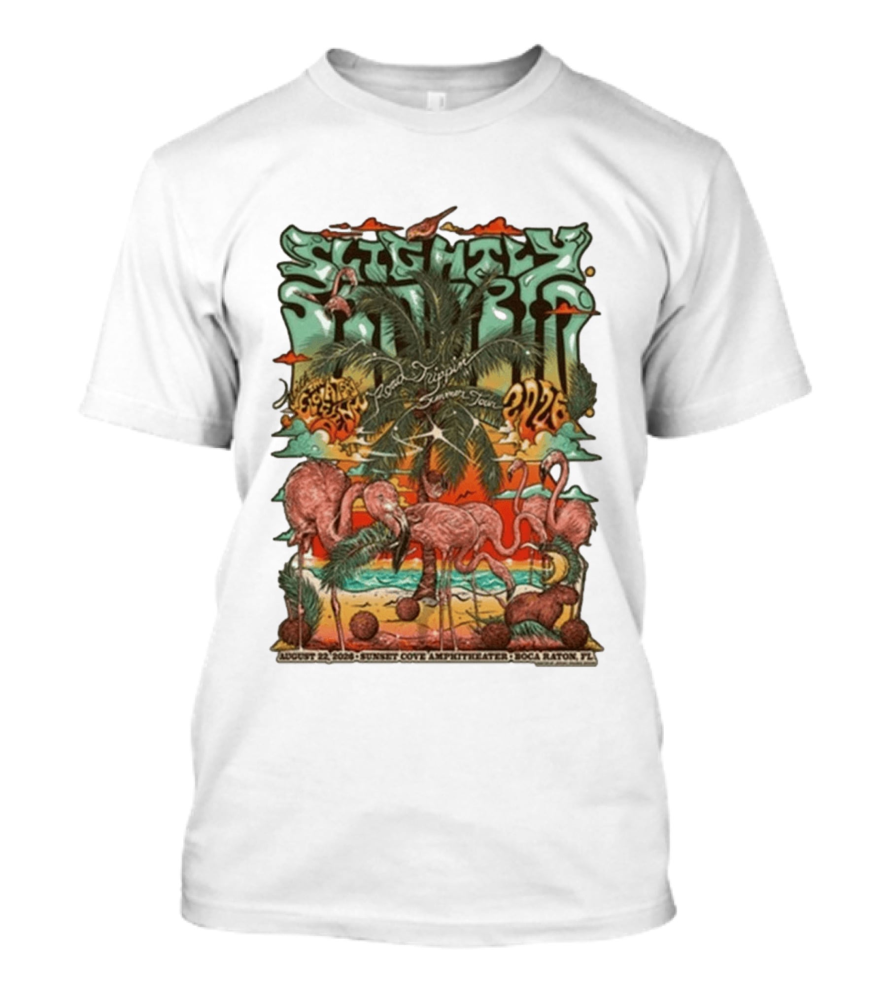 Slightly Stoopid August 22 2026 Ice Drippin Summer Tour Sunset Cove Amphitheater Boca Raton FL Flamingos Palms T-Shirt