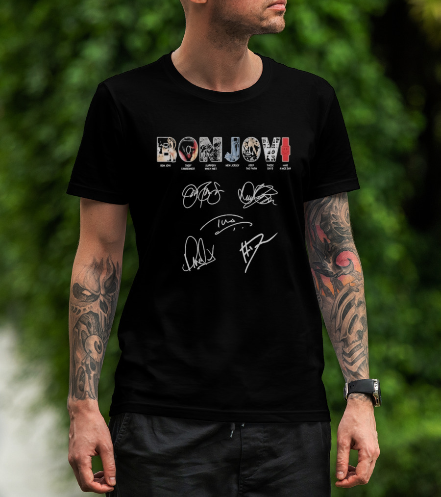 Bon Jovi Albums Cast Signatures Rock Band New Jersey Greatest Hits T-Shirt
