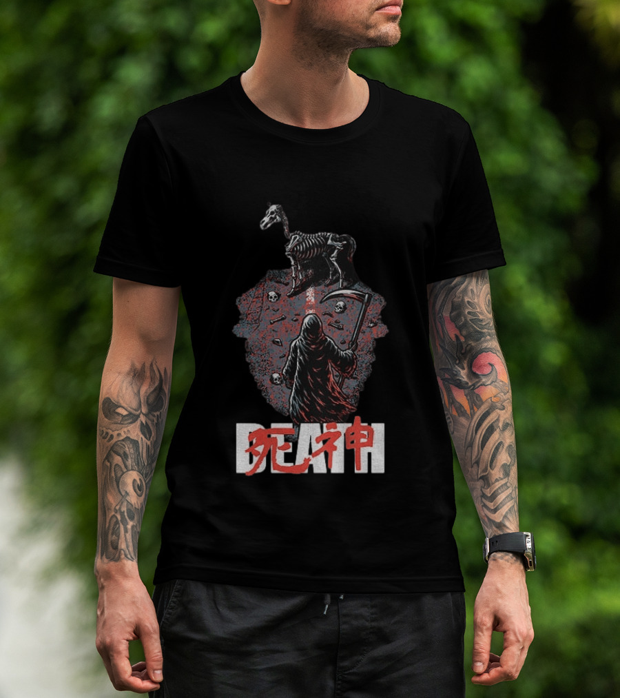 Grim Reaper Death Rider Japanese Kanji Skulls Scythe T-Shirt