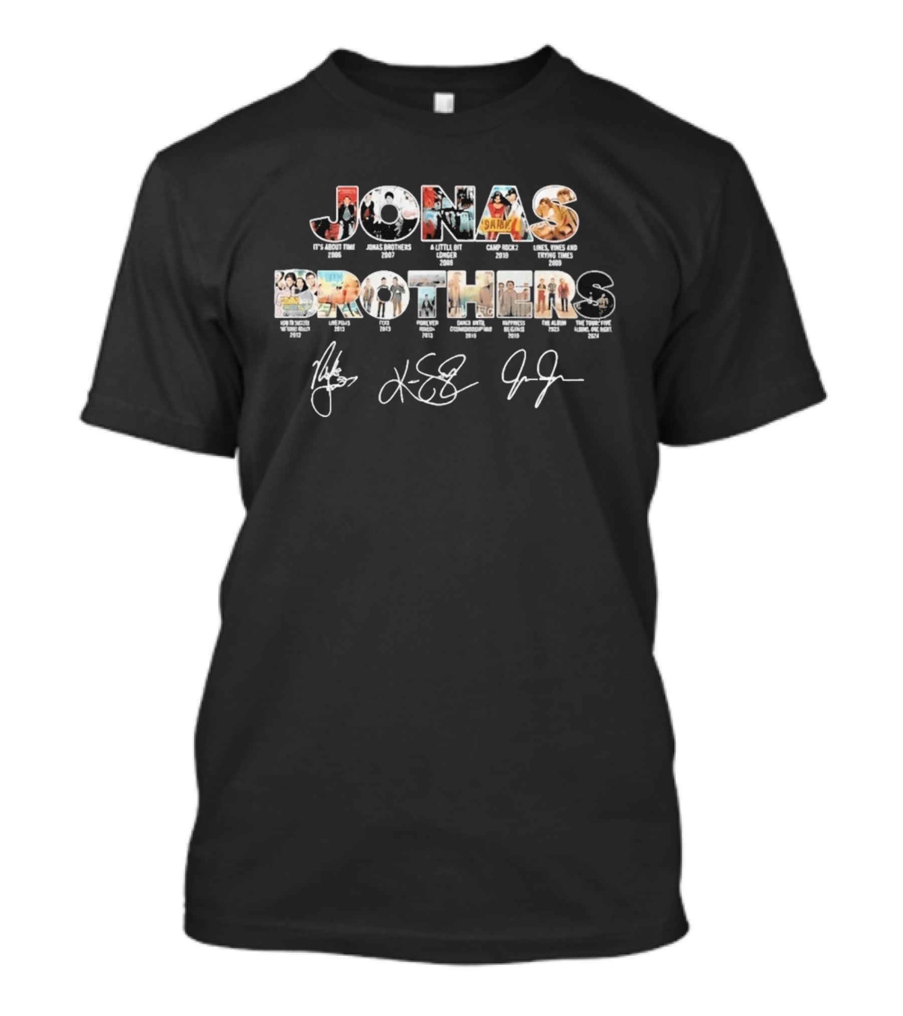 Jonas Brothers Discography Collage With Signatures And Album Releases T-Shirt