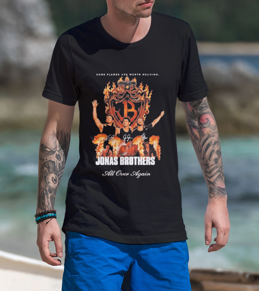 Jonas Brothers Some Flames Are Worth Beliving Tour Flame Signatures All Over Again T-Shirt