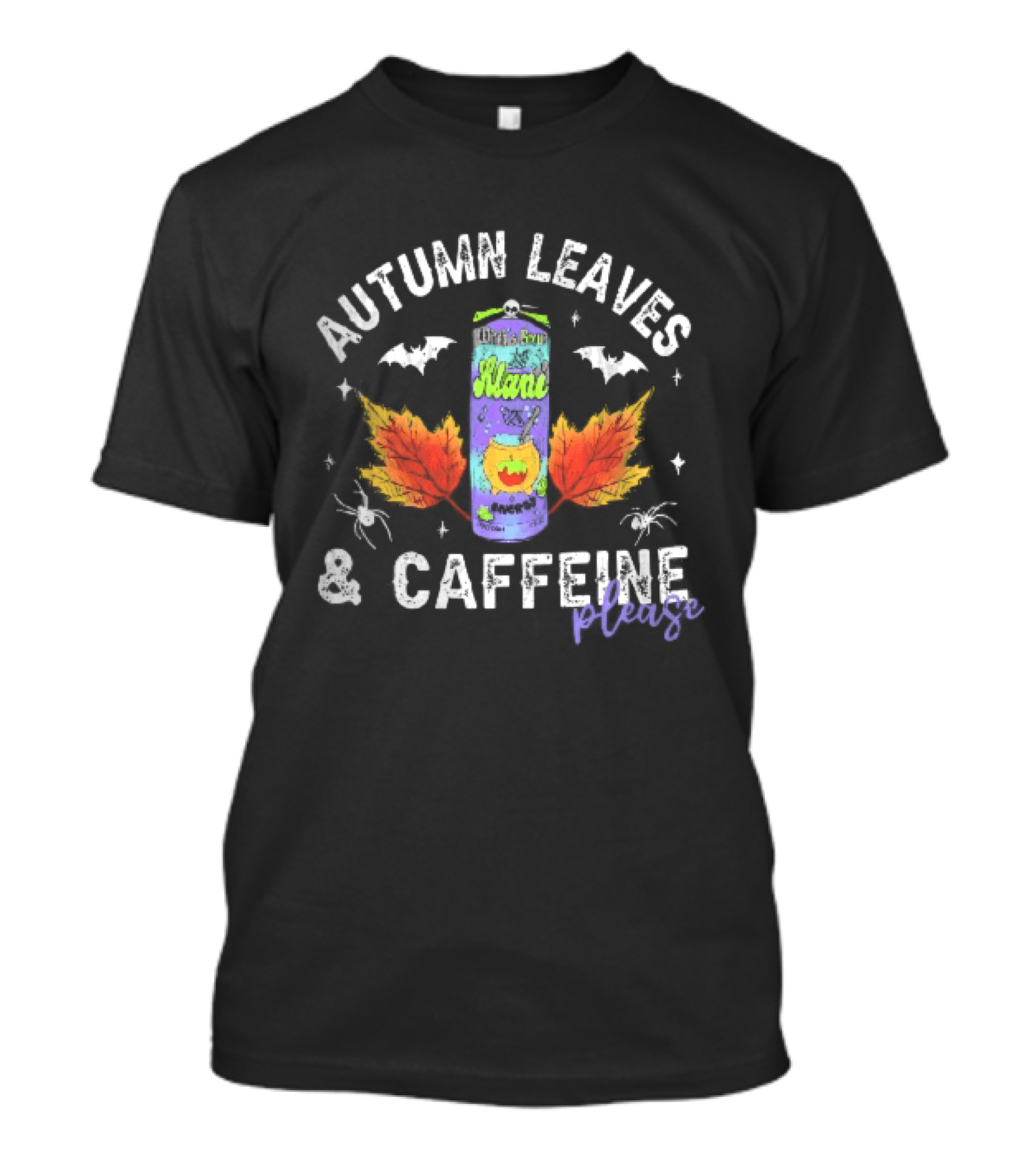 Autumn Leaves Caffeine Please Witchs Brew Energy Drink Can Bats Spiders Orange T-Shirt