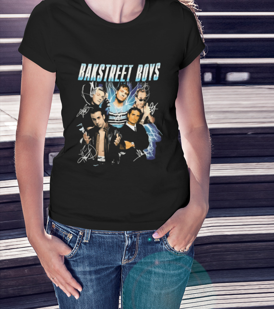 Bakstreet Boys Band Collage Lightning Autographs Bootleg T-Shirt