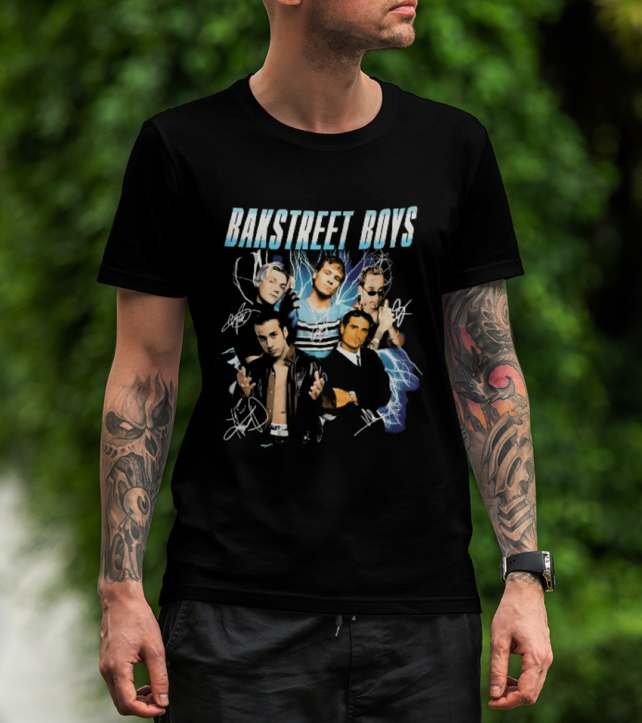 Bakstreet Boys Band Collage Lightning Autographs Bootleg T-Shirt
