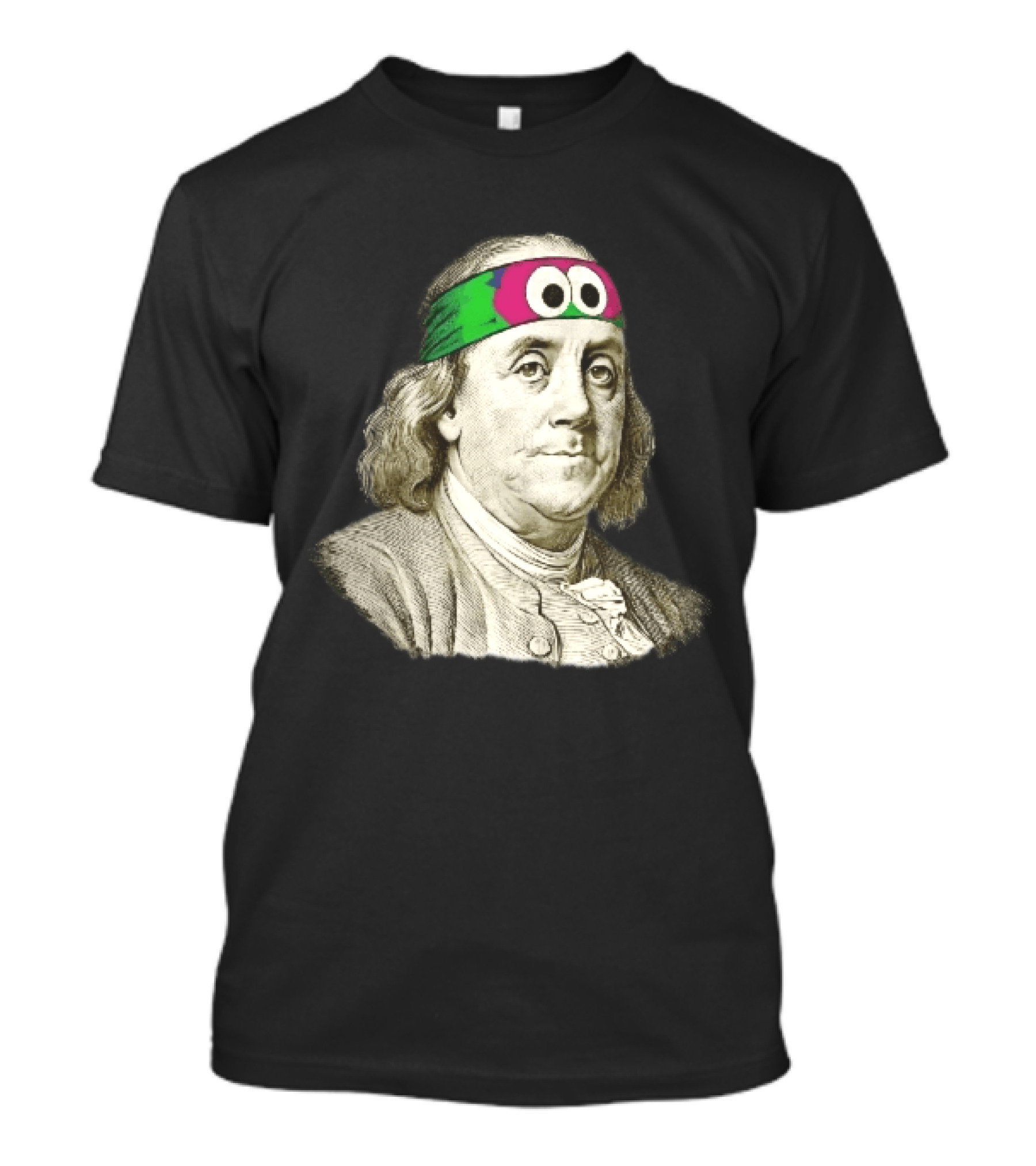 Benjamin Franklin Cartoon With Colorful Ninja Headband And Googly Eyes T-Shirt
