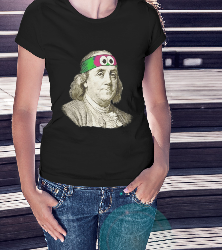 Benjamin Franklin Cartoon With Colorful Ninja Headband And Googly Eyes T-Shirt