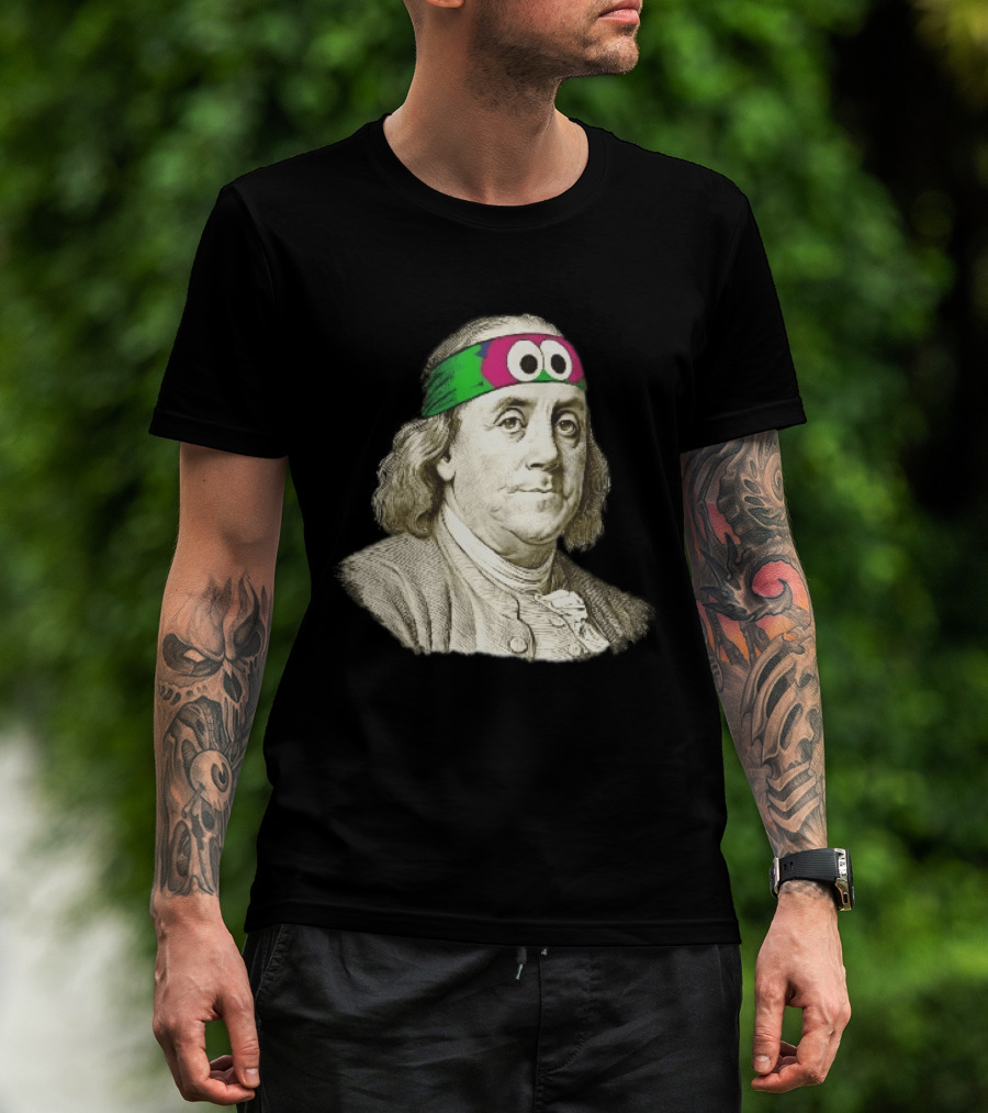 Benjamin Franklin Cartoon With Colorful Ninja Headband And Googly Eyes T-Shirt