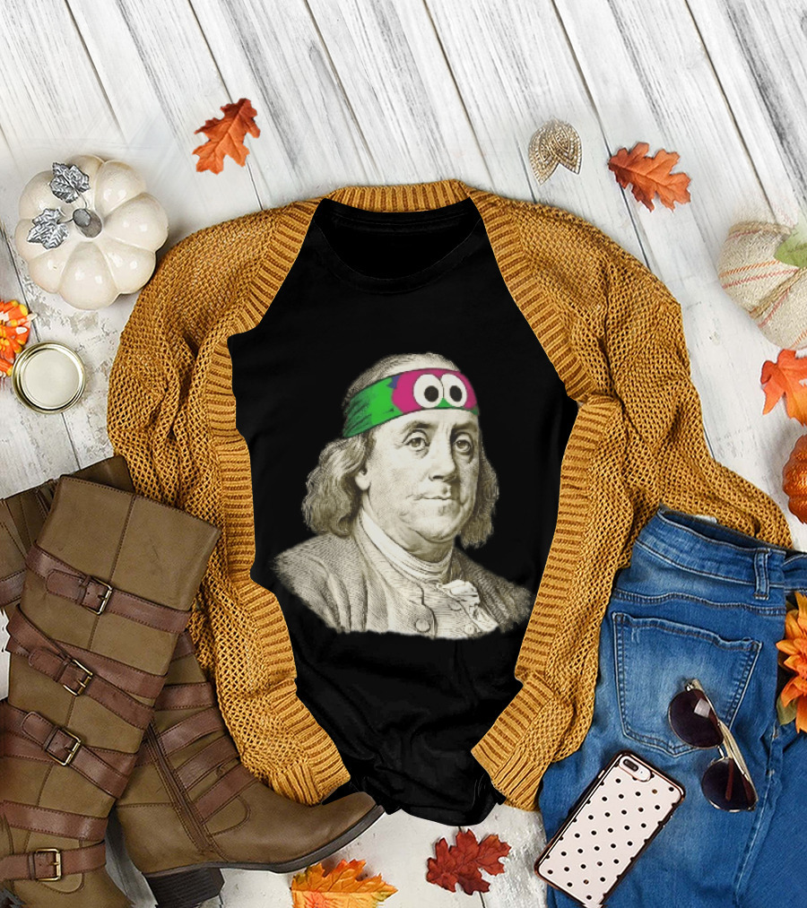 Benjamin Franklin Cartoon With Colorful Ninja Headband And Googly Eyes T-Shirt