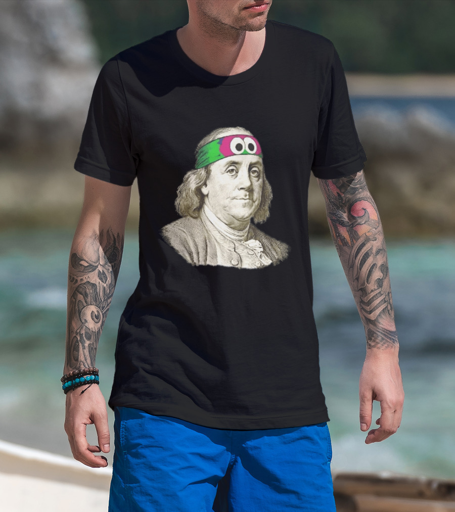 Benjamin Franklin Cartoon With Colorful Ninja Headband And Googly Eyes T-Shirt