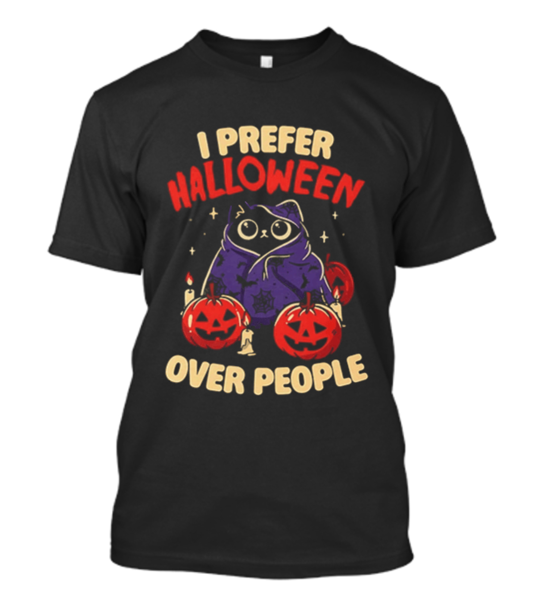 I Prefer Halloween Over People Black Cat Pumpkin Candles T-Shirt