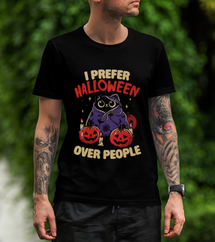 I Prefer Halloween Over People Black Cat Pumpkin Candles T-Shirt