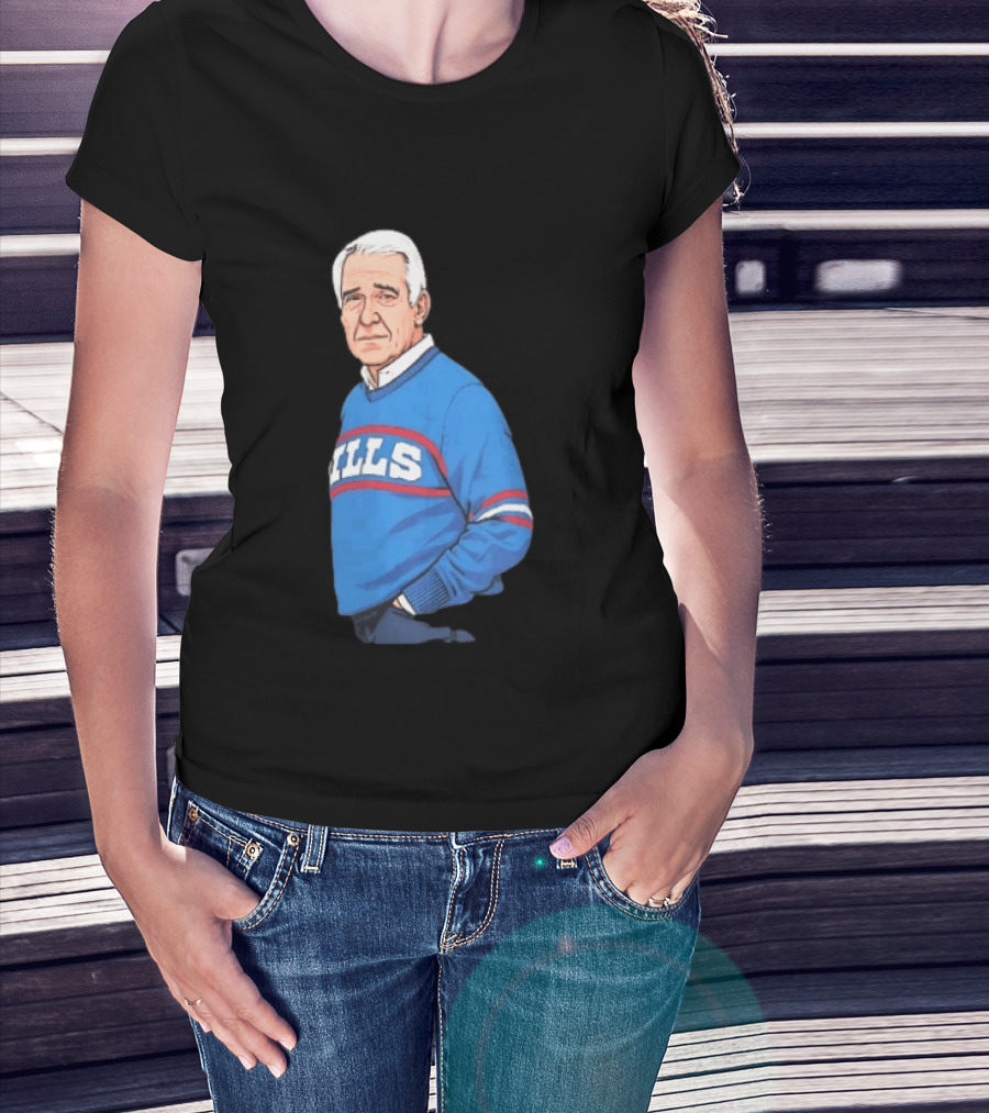 Buffalo Bills Coach Marv Levy Caricature In Blue Sweater With Team Name T-Shirt