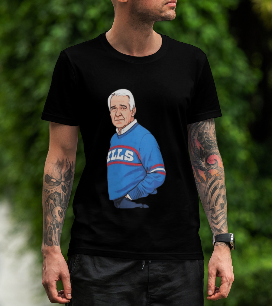 Buffalo Bills Coach Marv Levy Caricature In Blue Sweater With Team Name T-Shirt