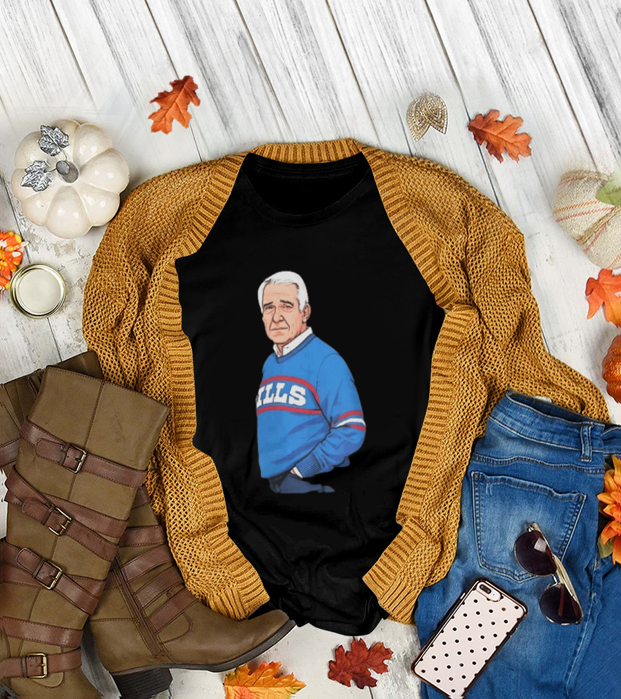 Buffalo Bills Coach Marv Levy Caricature In Blue Sweater With Team Name T-Shirt