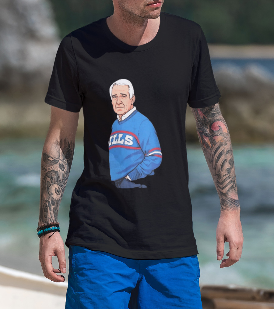 Buffalo Bills Coach Marv Levy Caricature In Blue Sweater With Team Name T-Shirt