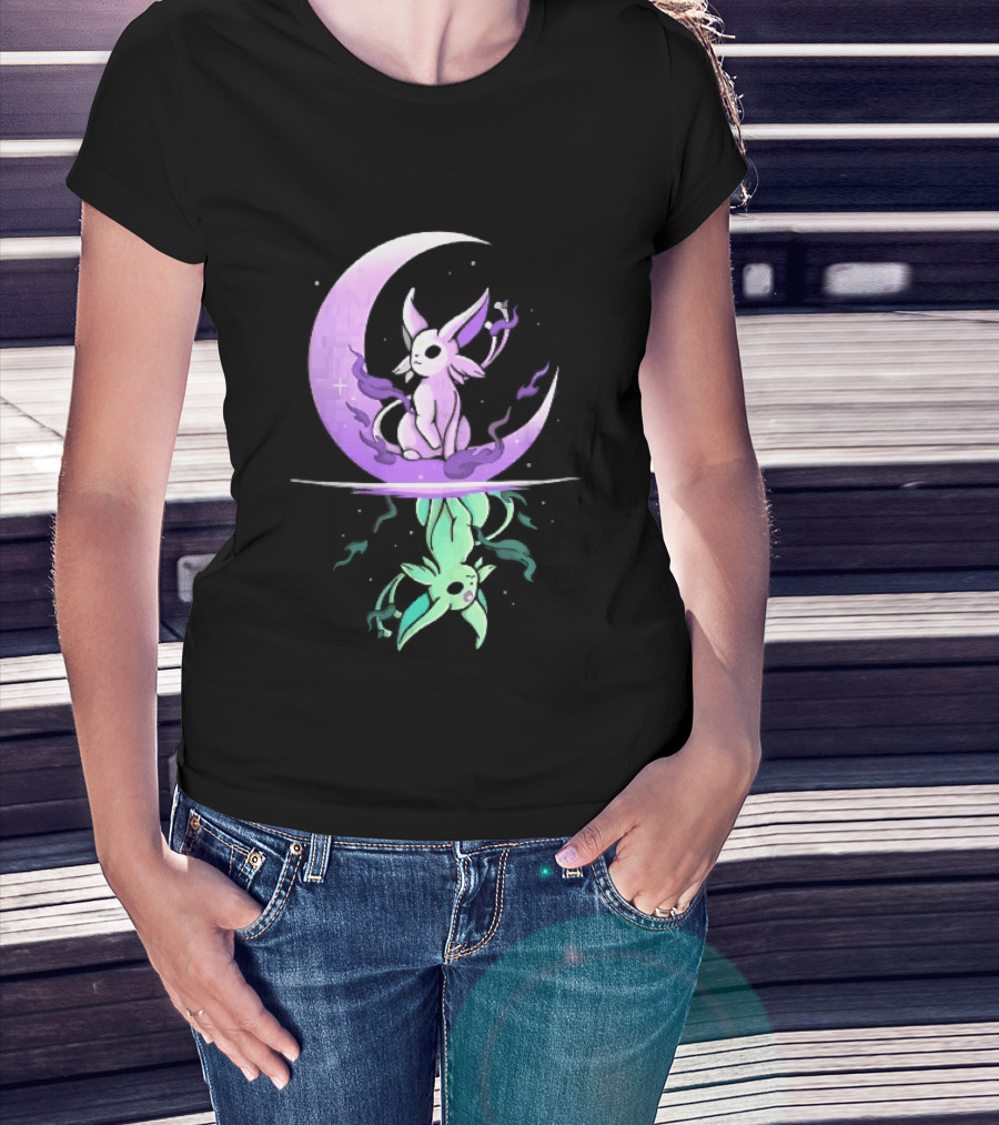 Cartoon Purple Espeon On Crescent Moon With Green Reflection T-Shirt
