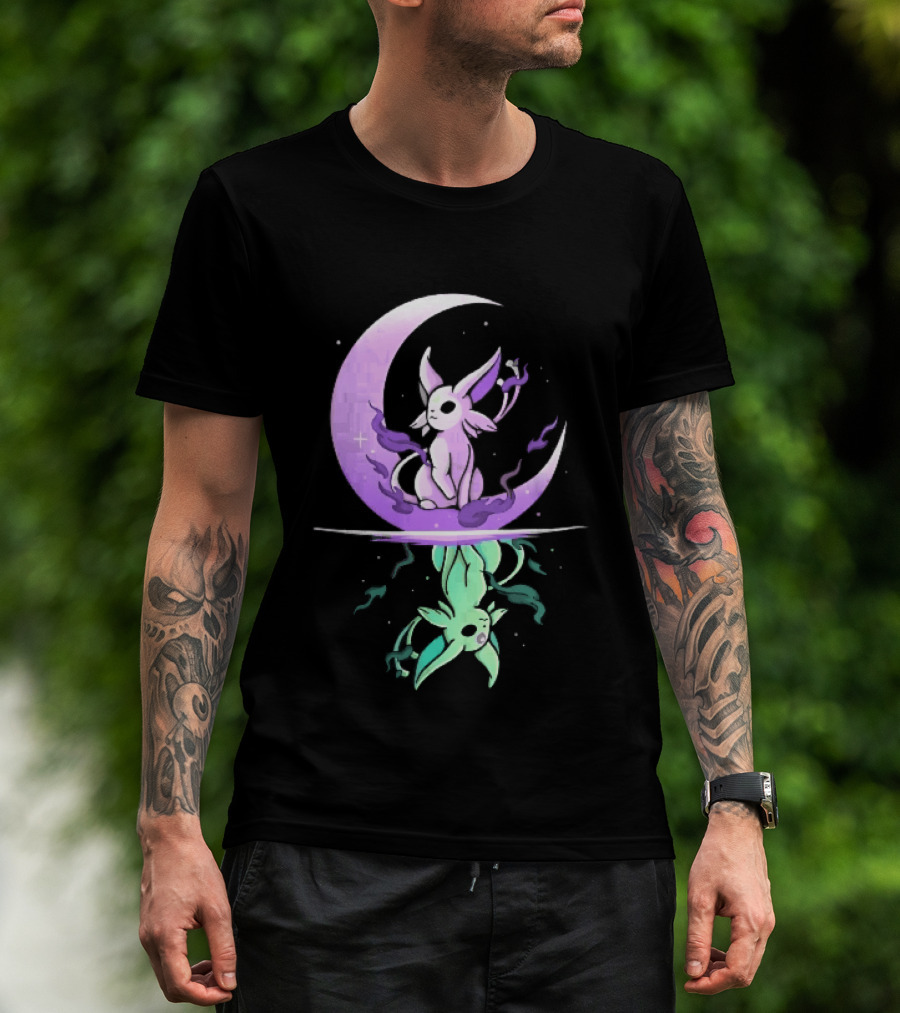 Cartoon Purple Espeon On Crescent Moon With Green Reflection T-Shirt