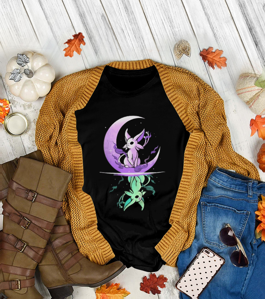 Cartoon Purple Espeon On Crescent Moon With Green Reflection T-Shirt