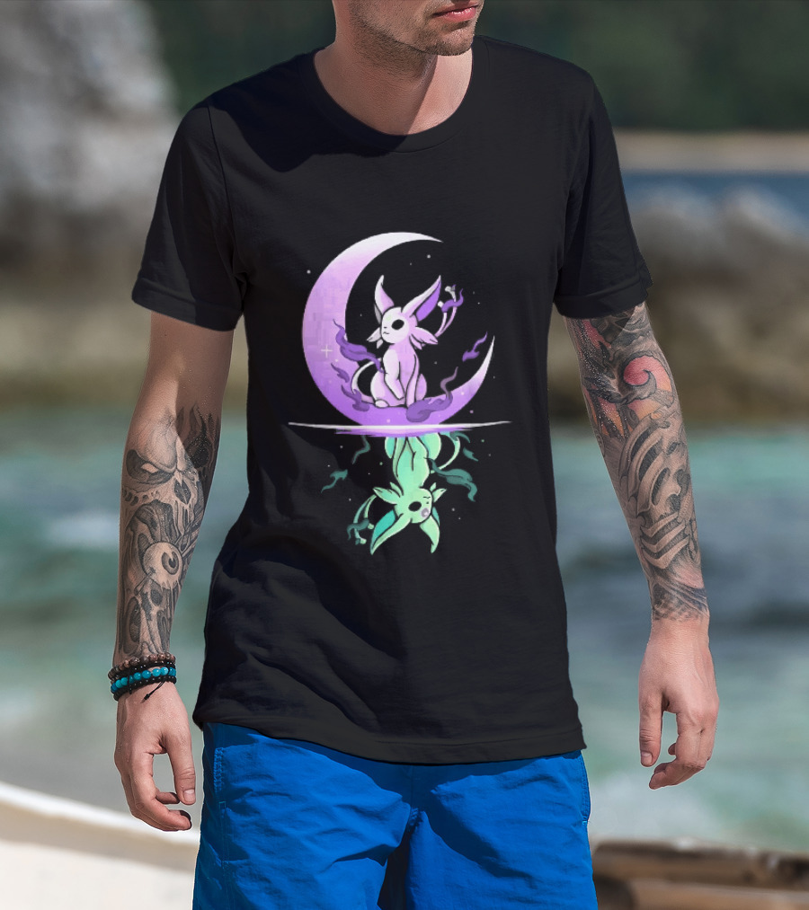 Cartoon Purple Espeon On Crescent Moon With Green Reflection T-Shirt