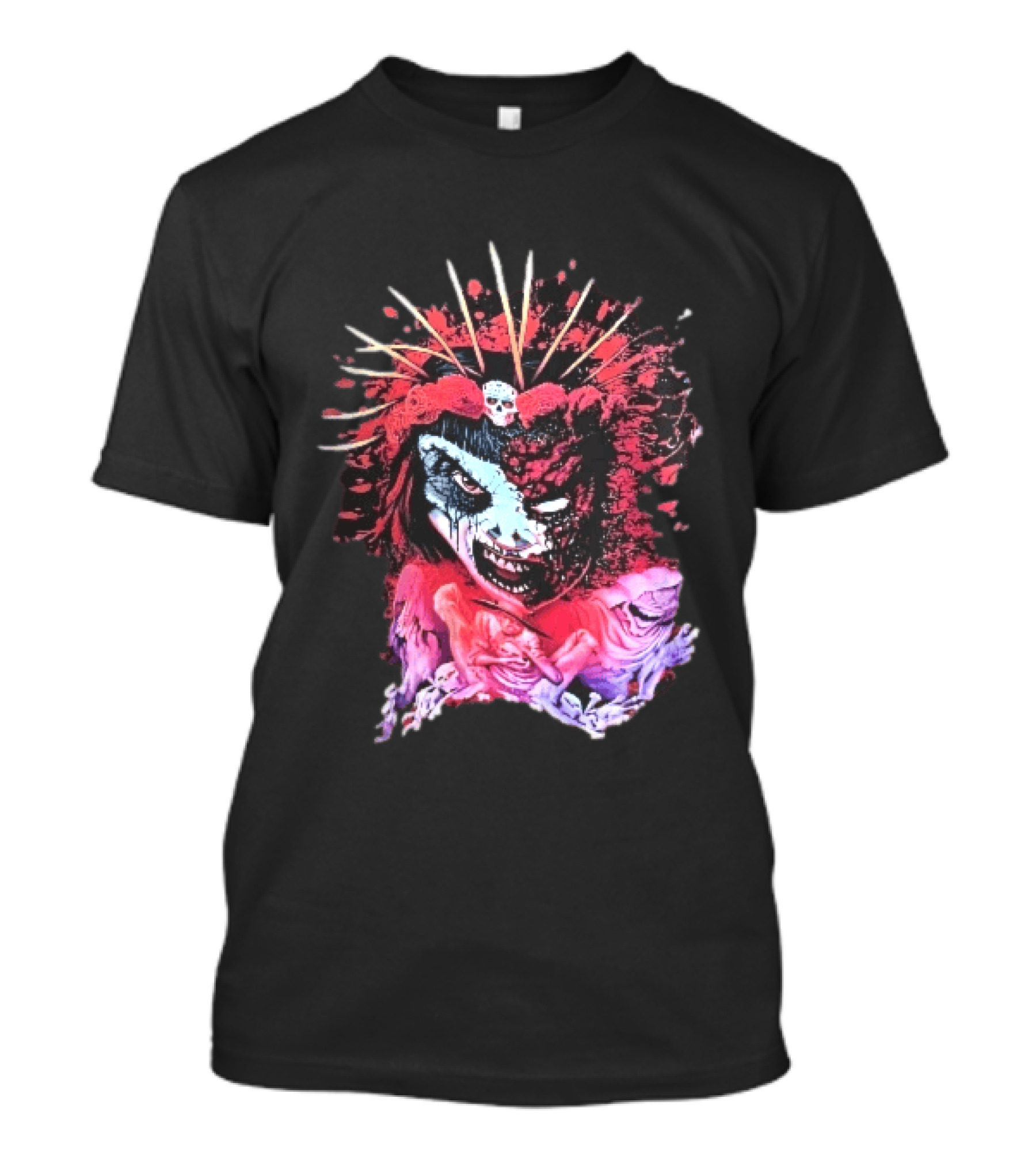 Demonic Japanese Geisha Skull Crown With Red Paint Splatter And Floral T-Shirt