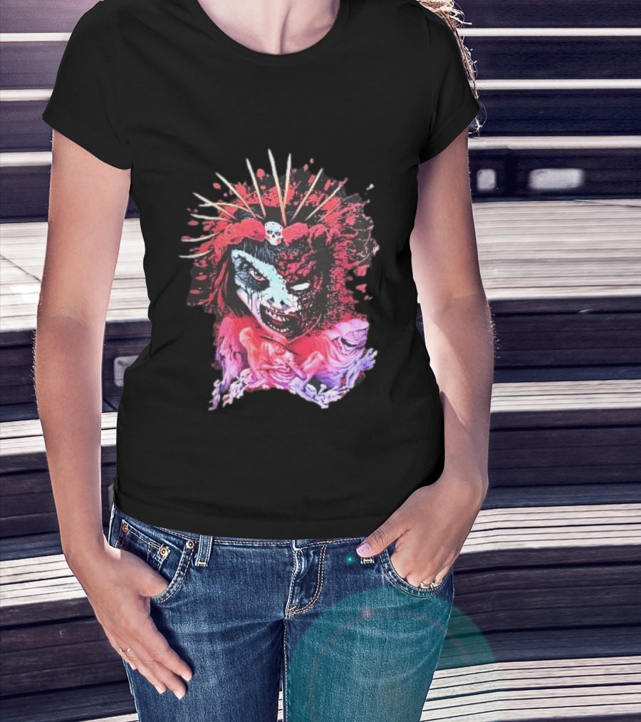 Demonic Japanese Geisha Skull Crown With Red Paint Splatter And Floral T-Shirt