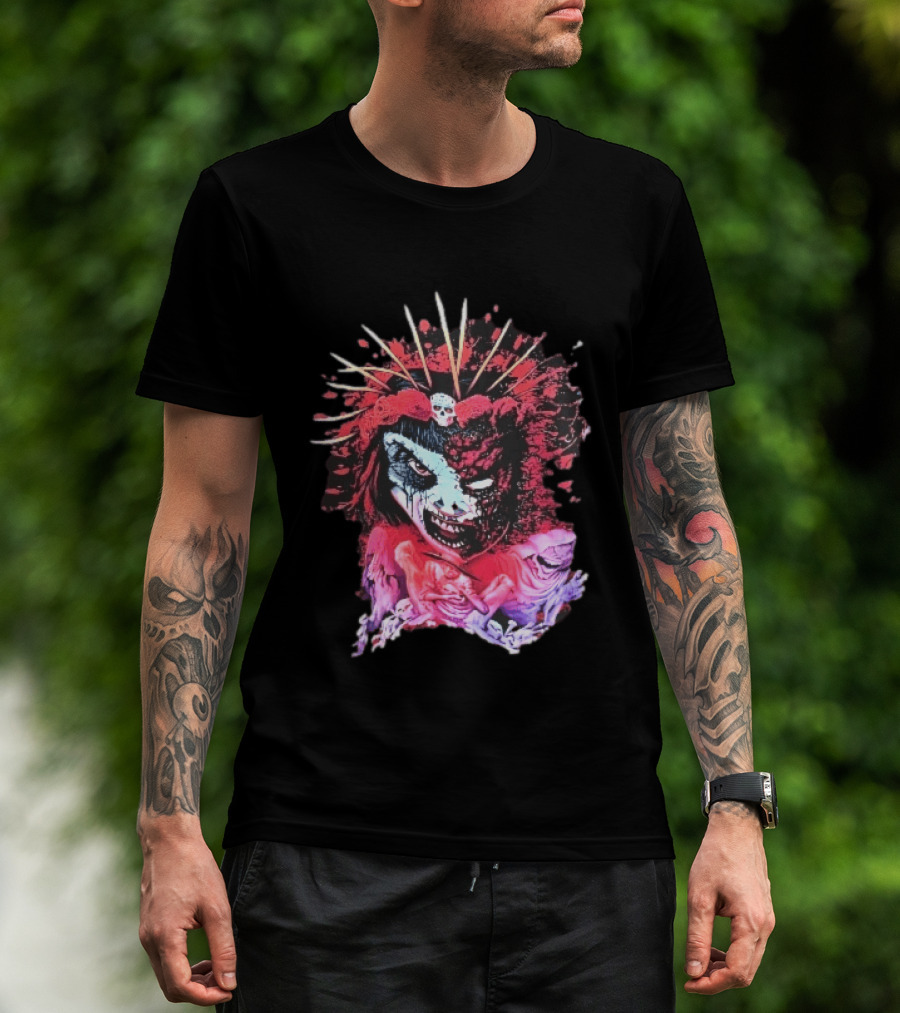 Demonic Japanese Geisha Skull Crown With Red Paint Splatter And Floral T-Shirt
