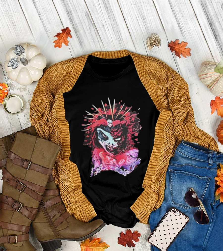 Demonic Japanese Geisha Skull Crown With Red Paint Splatter And Floral T-Shirt