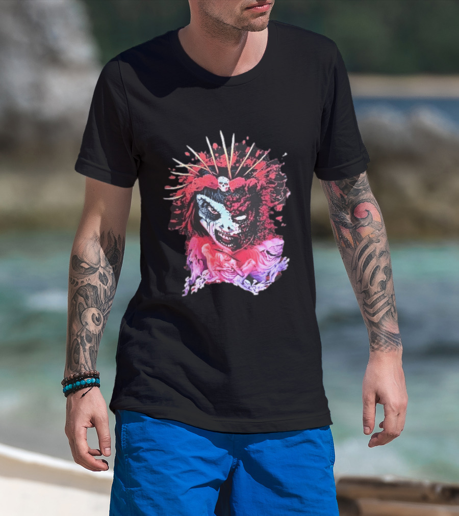 Demonic Japanese Geisha Skull Crown With Red Paint Splatter And Floral T-Shirt