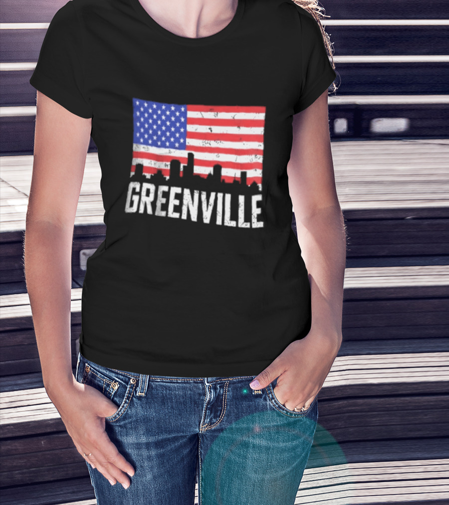 Greenville Skyline American Flag Cityscape T-Shirt