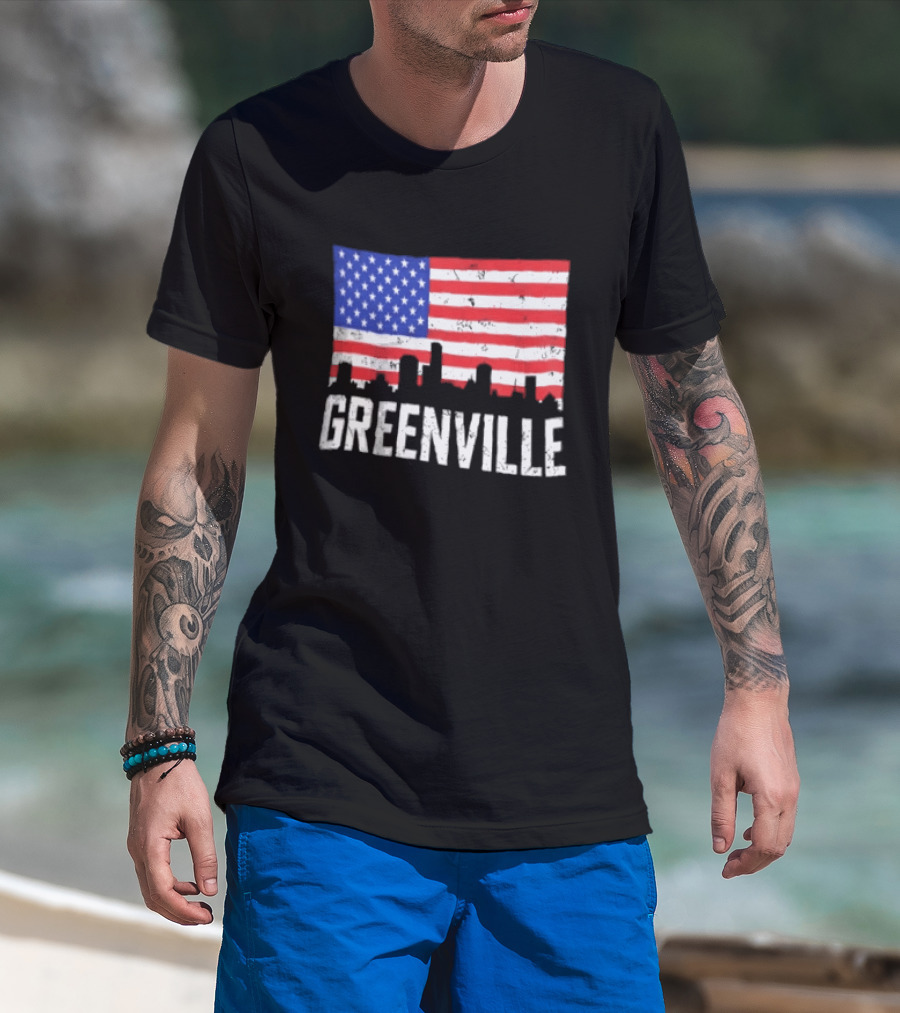 Greenville Skyline American Flag Cityscape T-Shirt