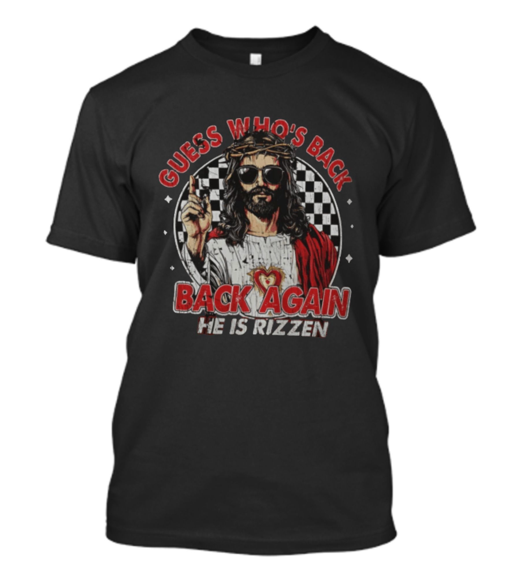 Guess Who's Back Back Again He Is Rizzen Jesus Retro Sunglasses And Red Cloak T-Shirt