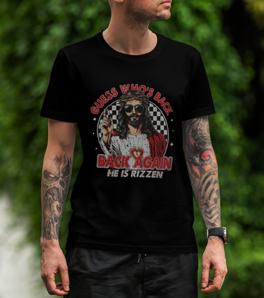 Guess Who's Back Back Again He Is Rizzen Jesus Retro Sunglasses And Red Cloak T-Shirt