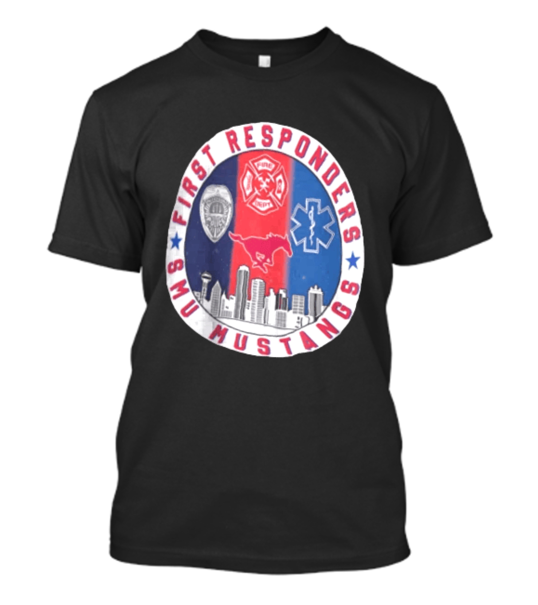 First Responders SMU Mustangs Emergency Services Tribute Skyline T-Shirt