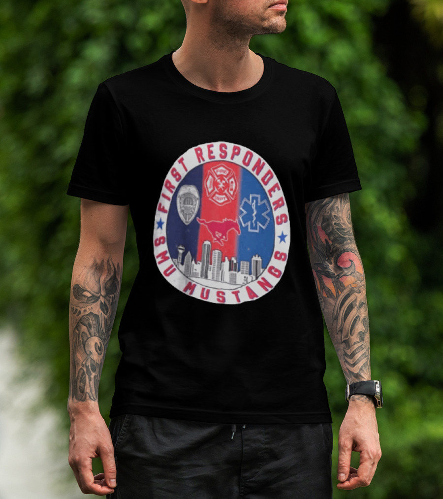 First Responders SMU Mustangs Emergency Services Tribute Skyline T-Shirt