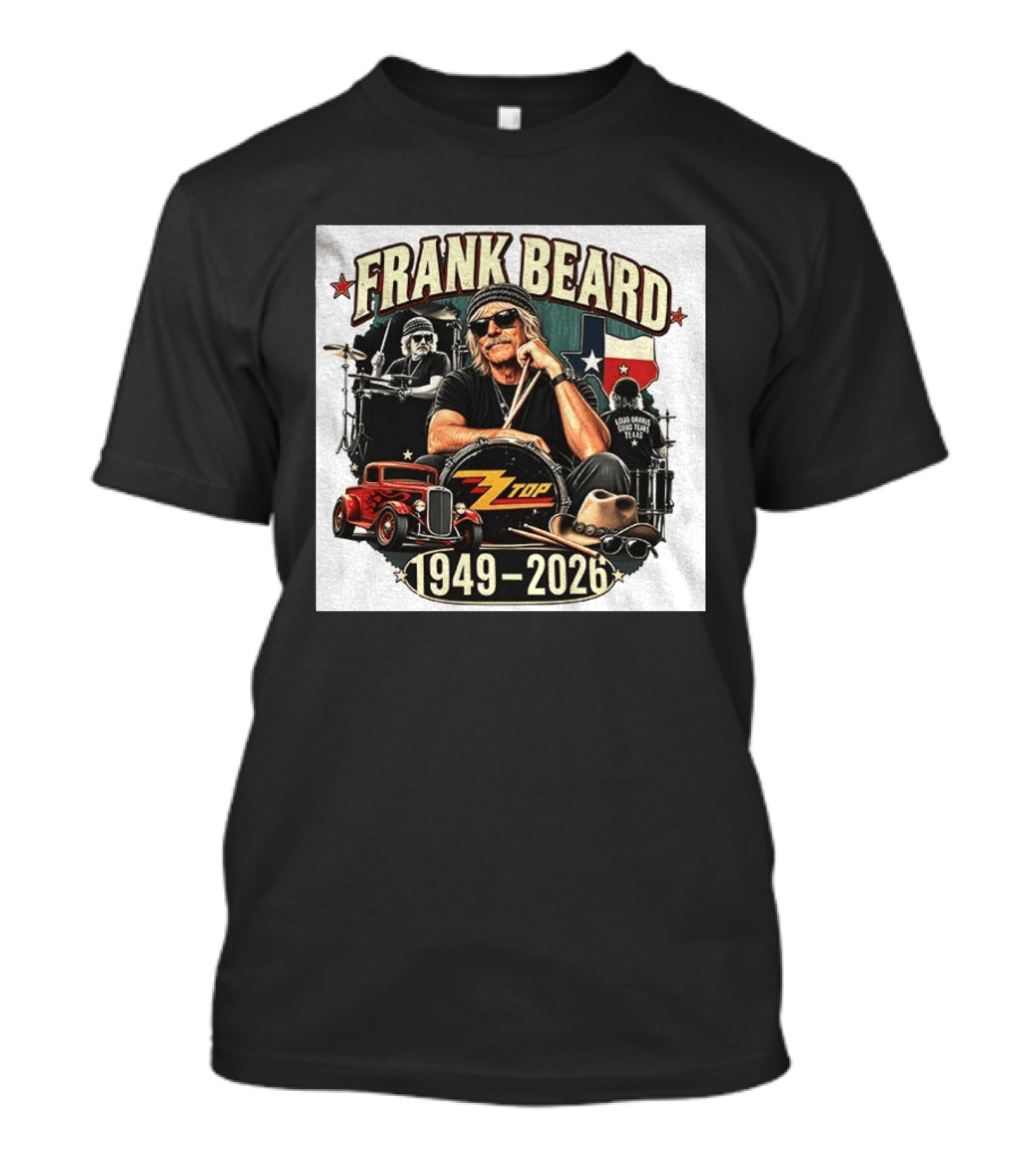 Frank Beard ZZ Top Rock Texas Drummer 1949 2026 Vintage Car And Drumsticks T-Shirt